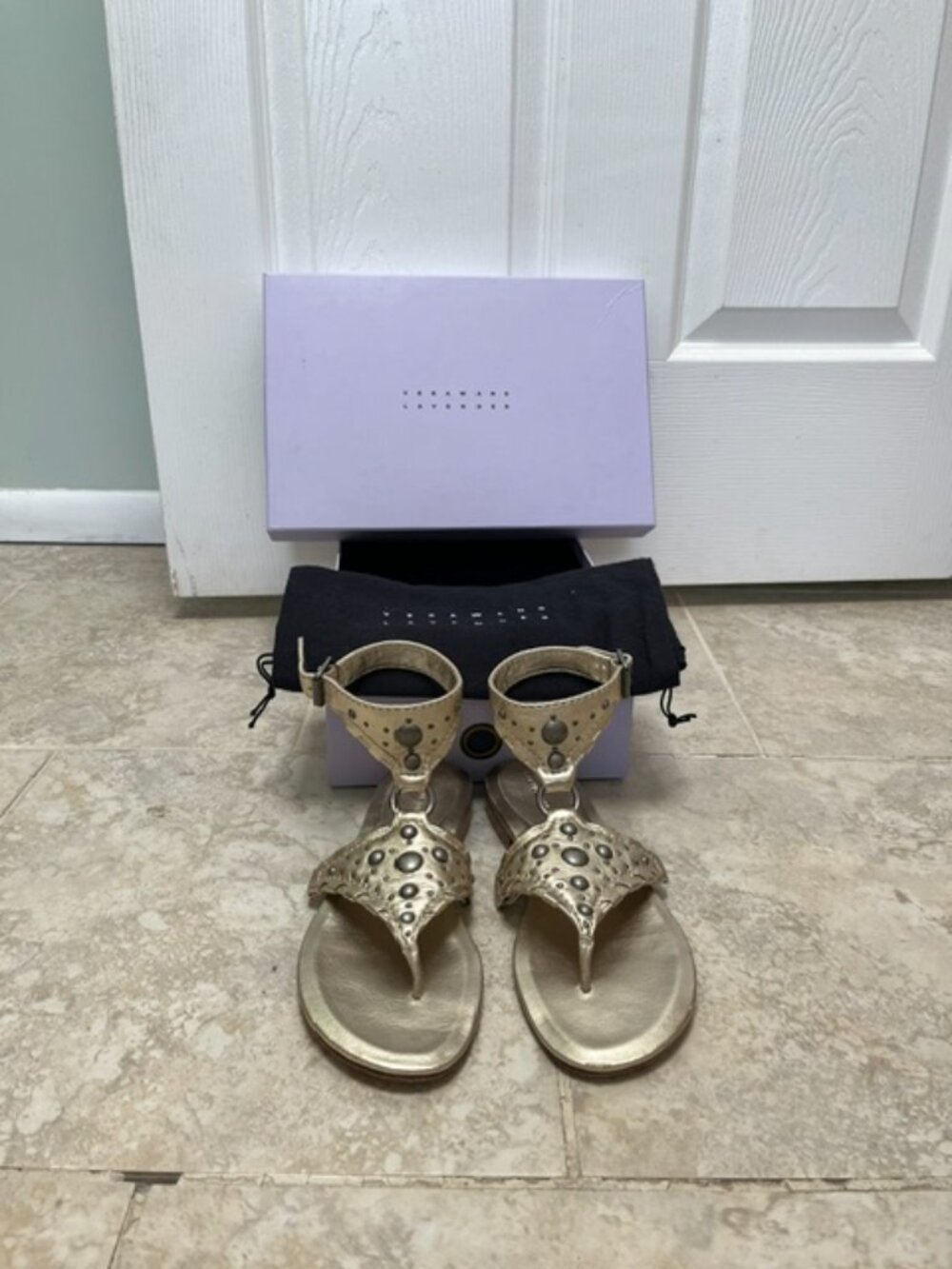 Vera Wang Lavender Gold Leather with Grommets Gladiator Sandal Size 7